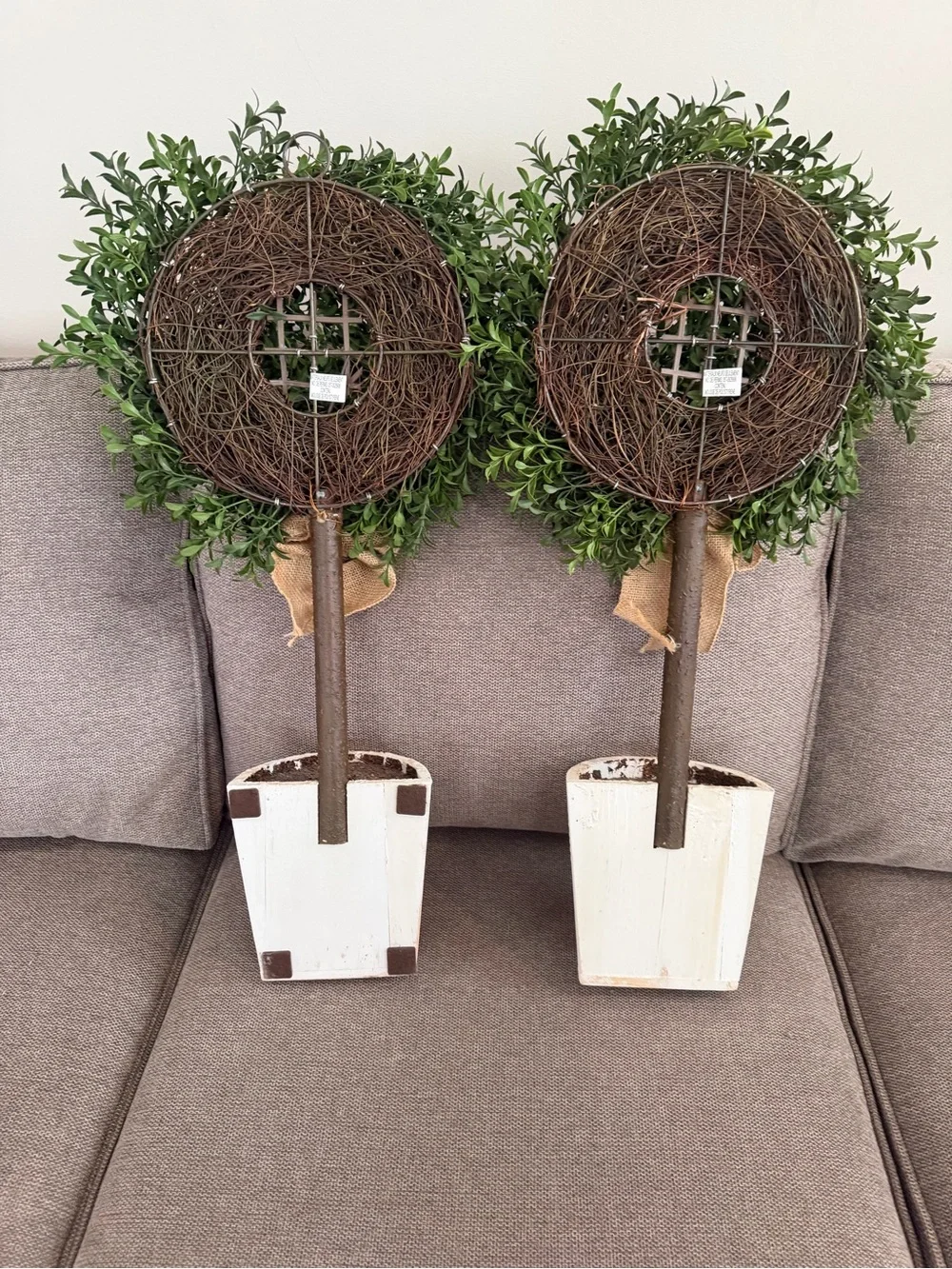 Pier 1 Green Boxwood Topiary Pair with White Pots and Burlap Bows Like New